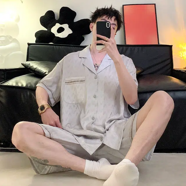 怀尔蔚 翻领短袖舒适薄款家居服可外穿睡衣套装 男款