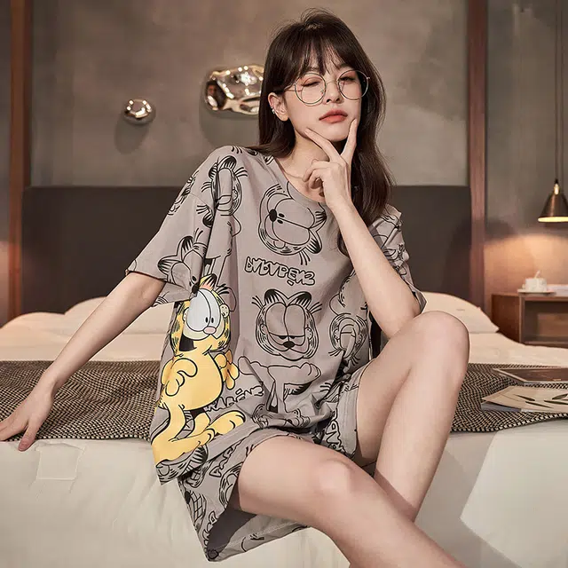 怀尔蔚 卡通印花圆领套头上衣短裤睡衣套装 女款 灰色