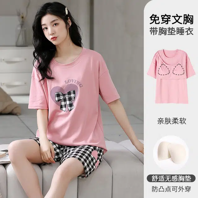 怀尔蔚 百搭甜美带胸垫可外穿舒适薄款短袖三分裤睡衣套装 女款