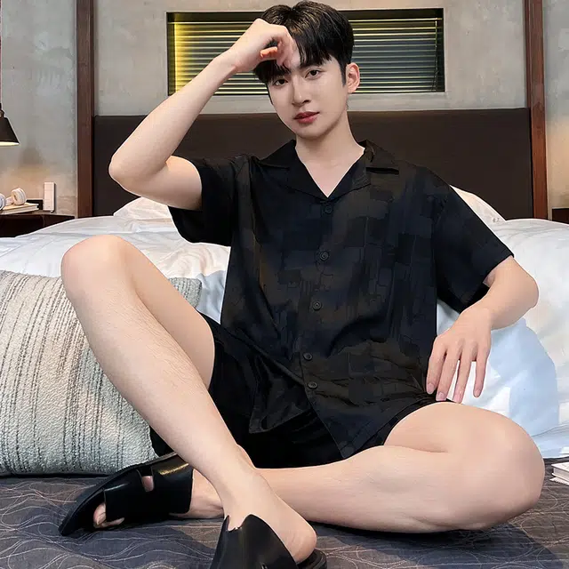 怀尔蔚 短袖短裤舒适薄款翻领纯色睡衣套装 男款