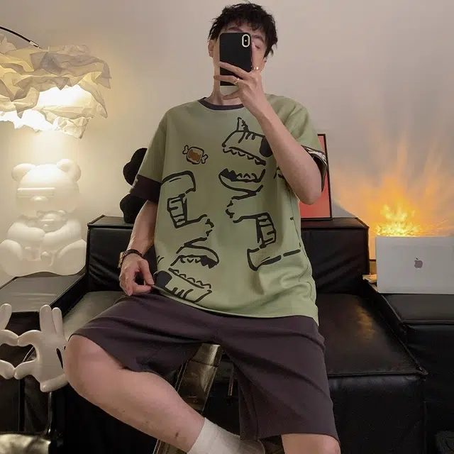 怀尔蔚 时尚卡通恐龙印花圆领套头短袖上衣纯色简约亲肤舒适可外穿家居短裤睡衣套装 男款 绿色