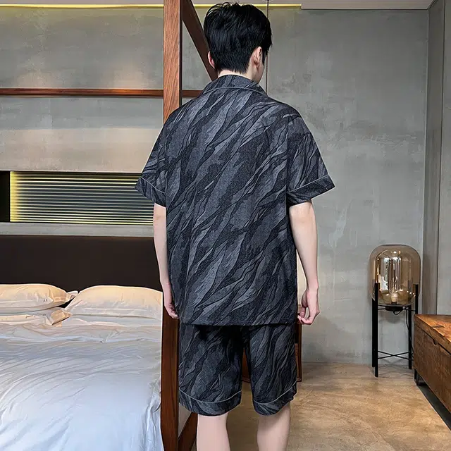 怀尔蔚 舒适薄款翻领开衫短袖家居服睡衣套装 男款