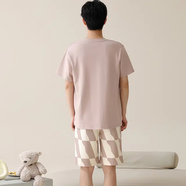 怀尔蔚 简约休闲短袖薄款透气短裤睡衣套装 男款 粉色