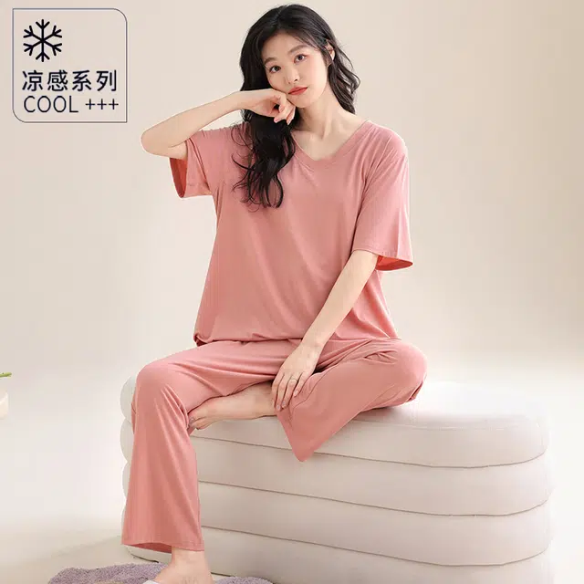 怀尔蔚 纯色舒适透气凉感短袖上衣家居服可外穿长裤睡衣套装 女款 图片色