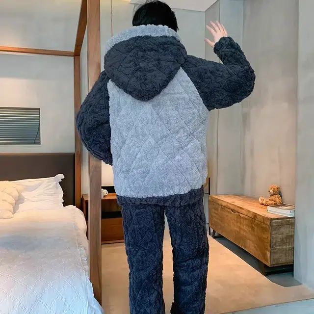 怀尔蔚 珊瑚绒加绒三层夹棉简约休闲超厚保暖可外穿家居服睡衣套装 男款