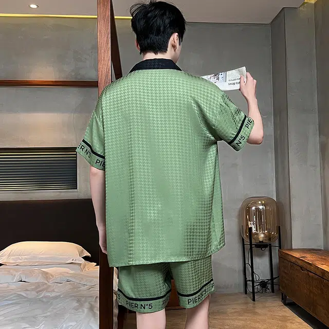 怀尔蔚 字母翻领撞色短袖可外穿舒适薄款睡衣套装 男款 图片色