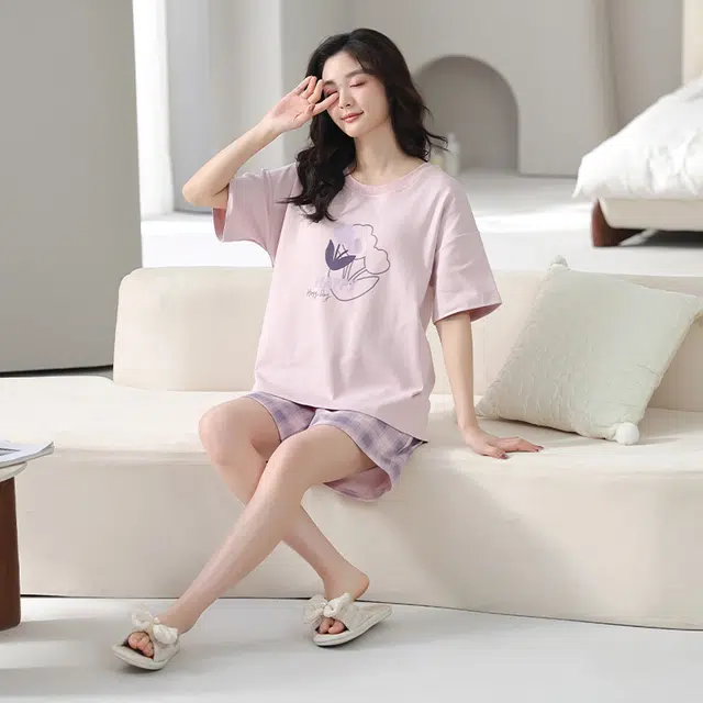 怀尔蔚 舒适透气甜美短袖上衣格子可外穿三分裤睡衣套装 女款 图片色