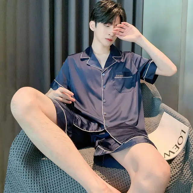 怀尔蔚 薄款舒适简约亲肤纯休闲短袖睡衣套装 男款 图片色