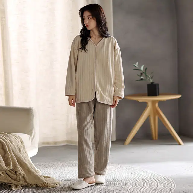怀尔蔚 加厚纯色休闲可外穿家居服睡衣套装 女款 卡其色