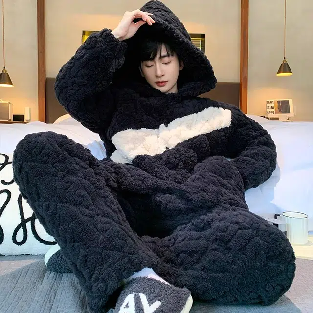 怀尔蔚 男士加厚珊瑚绒夹棉家居服可外穿保暖睡衣套装 男款 图片色