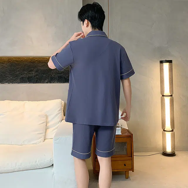 怀尔蔚 舒适翻领短袖上衣家居服可外穿五分裤睡衣套装 男款 图片色