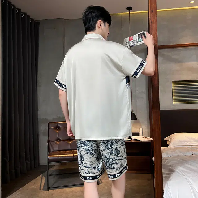 怀尔蔚 可外穿舒适薄款字母翻领开衫短袖睡衣套装 男款 图片色