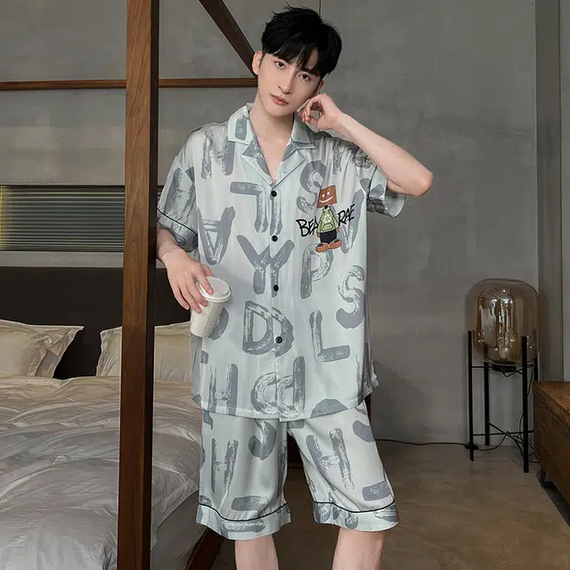 怀尔蔚 翻领单排扣休闲薄款透气短袖上衣松紧腰短裤睡衣套装 男款 浅灰