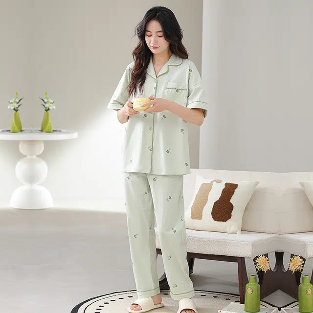 怀尔蔚 可外穿舒适薄款短袖上衣家居服长裤睡衣套装 女款