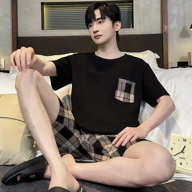 怀尔蔚 简约个性条纹口袋短袖休闲舒适亲肤短裤睡衣套装 男款 黑色