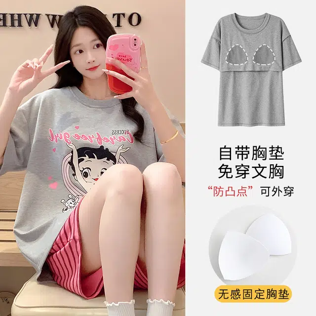 怀尔蔚 圆领透气短袖上衣可外穿舒适三分裤睡衣套装 女款 图片色