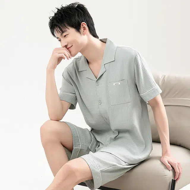 怀尔蔚 短袖五分裤舒适翻领家居服睡衣套装 男款