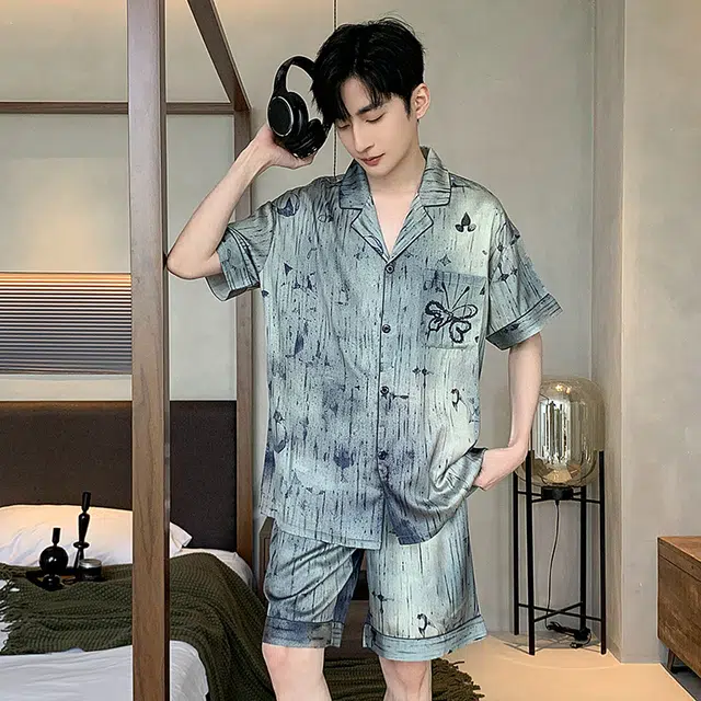 怀尔蔚 翻领休闲凉感短袖舒适透气亲肤短裤睡衣套装 男款 蓝色