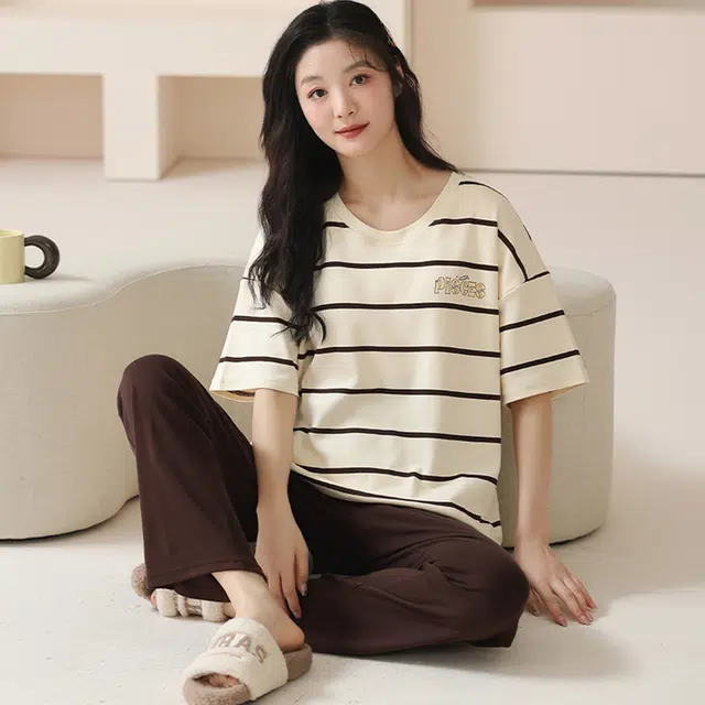 怀尔蔚 拼色条纹休闲薄款透气短袖上衣松紧腰长裤睡衣套装 女款 杏色