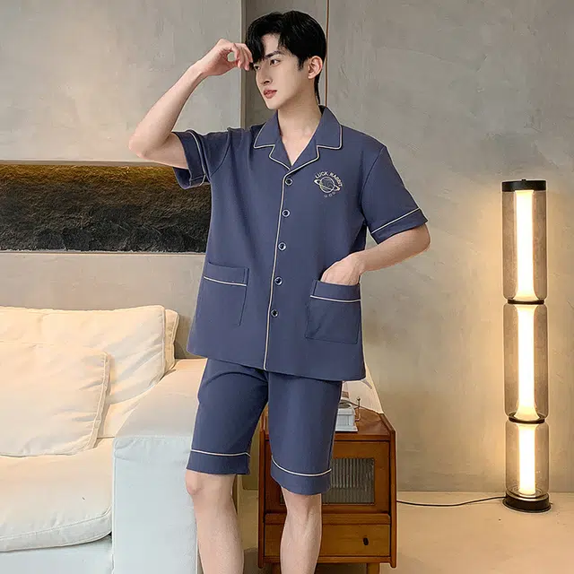 怀尔蔚 舒适翻领短袖上衣家居服可外穿五分裤睡衣套装 男款 图片色