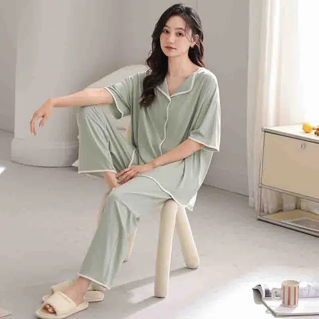怀尔蔚 舒适透气纯色短袖上衣家居服可外穿长裤睡衣套装 女款 图片色