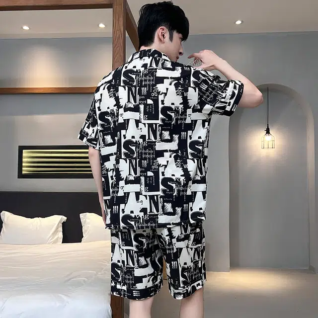 怀尔蔚 翻领短袖舒适薄款五分裤睡衣套装 男款