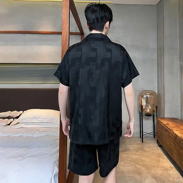 怀尔蔚 短袖短裤舒适薄款翻领纯色睡衣套装 男款