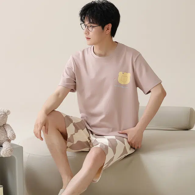 怀尔蔚 简约休闲短袖薄款透气短裤睡衣套装 男款 粉色