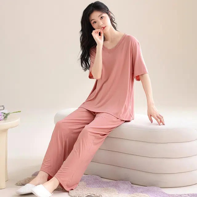 怀尔蔚 纯色舒适透气凉感短袖上衣家居服可外穿长裤睡衣套装 女款 图片色
