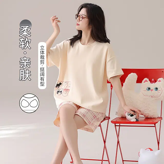 怀尔蔚 透气可外穿舒适短袖上衣三分裤睡衣套装 女款