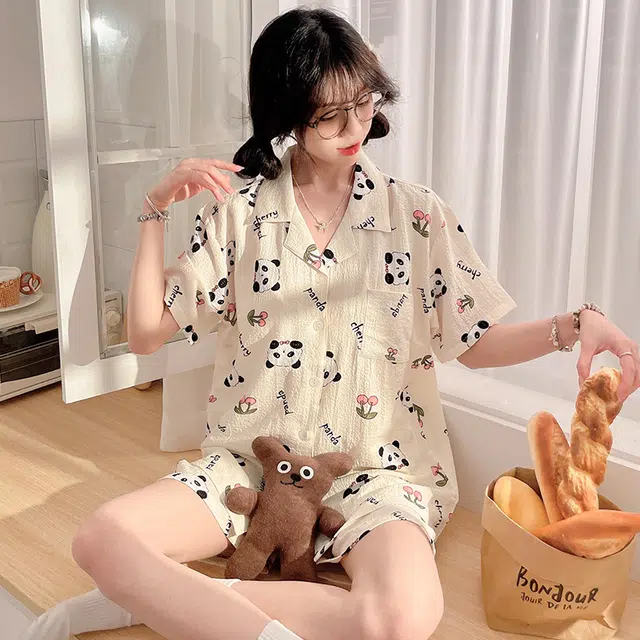 怀尔蔚 简约甜美卡通透气亲肤舒适短袖上衣休闲可外穿三分裤睡衣套装 女款 杏色