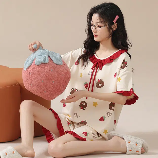 怀尔蔚 休闲薄款短袖透气舒适短裤睡衣套装 女款 杏色