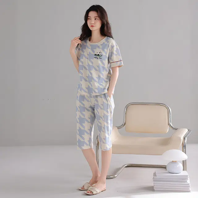 怀尔蔚 薄款短袖七分裤可外穿舒适透气睡衣套装 女款 图片色