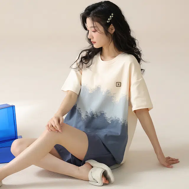 怀尔蔚 渐变撞色印花休闲短袖薄款透气亲肤短裤睡衣套装 女款 图色