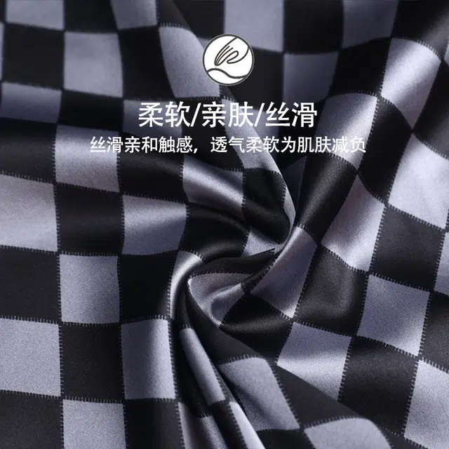 怀尔蔚 格子印花翻领短袖休闲凉感舒适透气短裤简约亲肤长裤睡衣套装 男款 黑色