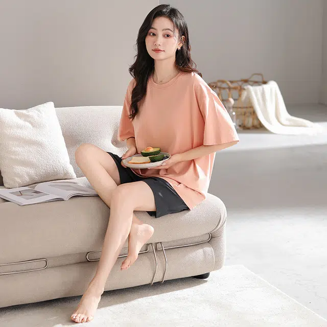 怀尔蔚 舒适透气短袖上衣家居服可外穿三分裤睡衣套装 女款 图片色