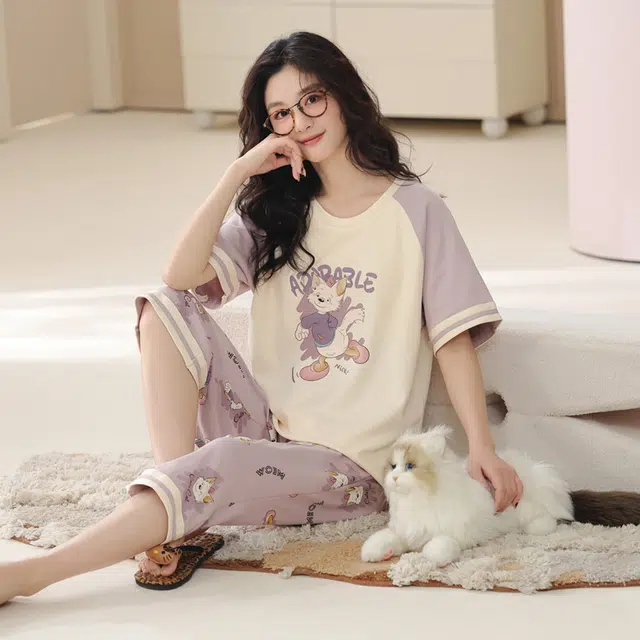怀尔蔚 可外穿舒适薄款居家服短袖七分裤睡衣套装 女款