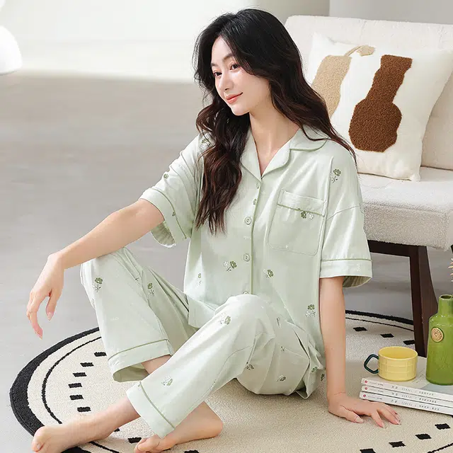 怀尔蔚 可外穿舒适薄款短袖上衣家居服长裤睡衣套装 女款