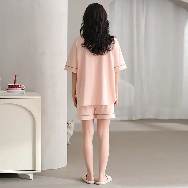 怀尔蔚 翻领短袖短裤可外穿舒适睡衣套装 女款 图片色