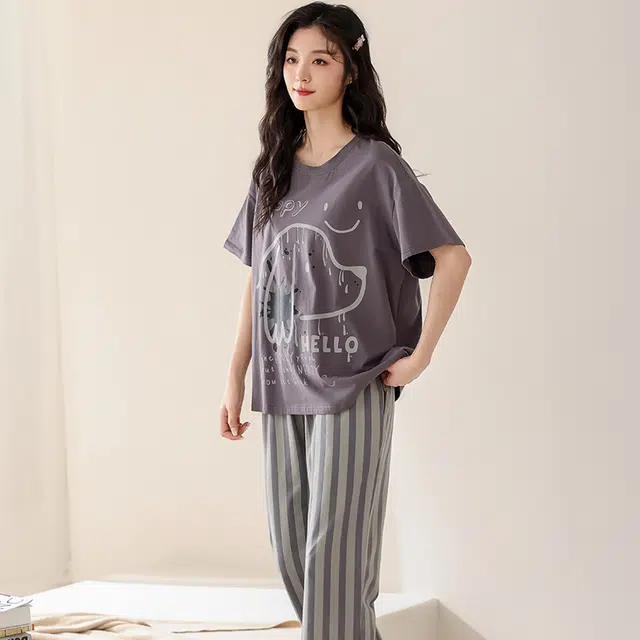 怀尔蔚 小狗印花圆领上衣条纹撞色长裤睡衣套装 女款 灰色