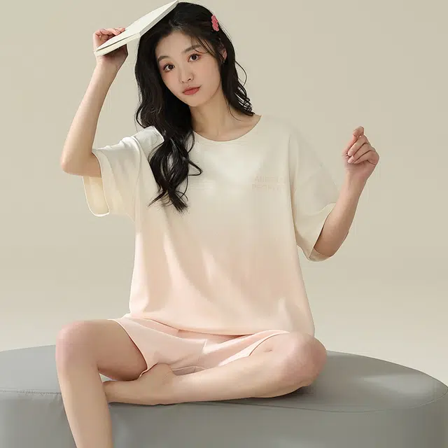 怀尔蔚 渐变印花休闲短袖薄款透气短裤睡衣套装 女款 图色