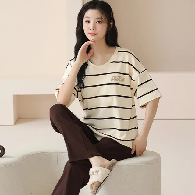 怀尔蔚 拼色条纹休闲薄款透气短袖上衣松紧腰长裤睡衣套装 女款 杏色