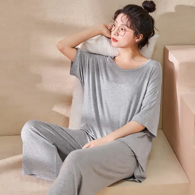 怀尔蔚 宽松休闲圆领套头薄款透气睡衣套装 女款 灰色