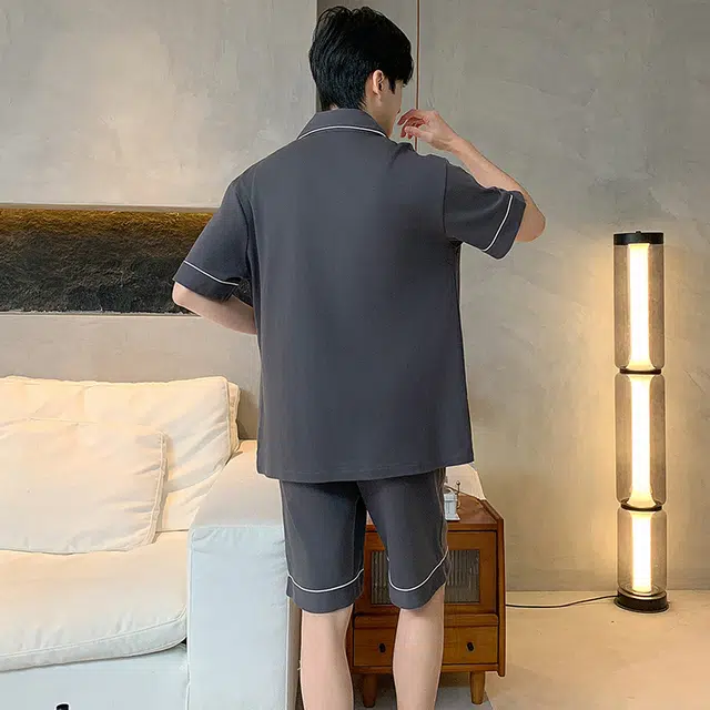 怀尔蔚 纯色翻领短袖上衣家居服可外穿舒适五分裤睡衣套装 男款 图片色