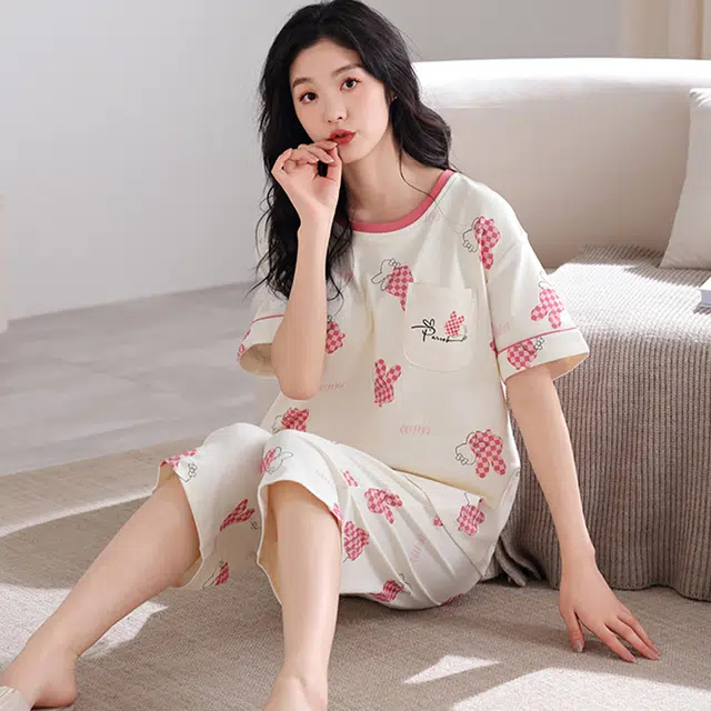 怀尔蔚 舒适圆领套头休闲薄款透气短袖上衣七分裤睡衣套装 女款 图色