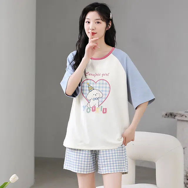 怀尔蔚 可外穿舒适薄款家居服短袖三分裤睡衣套装 女款