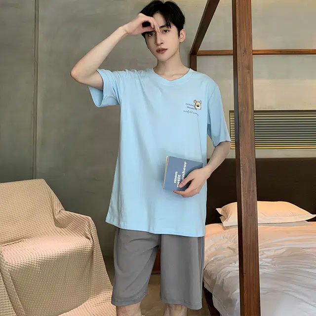 怀尔蔚 休闲薄款透气短袖舒适亲肤简约短裤睡衣套装 男款 蓝色