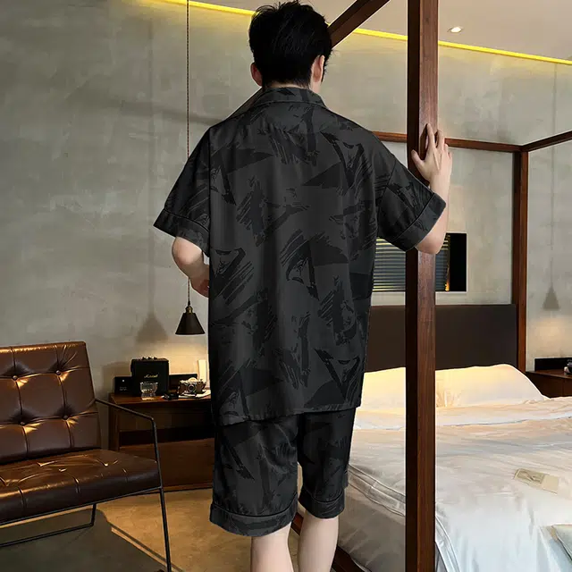 怀尔蔚 翻领短袖亲肤舒适睡衣套装 男款