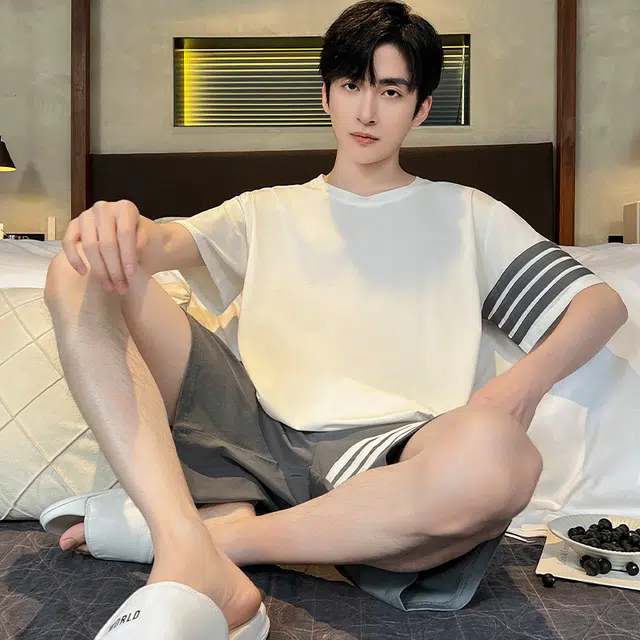怀尔蔚 简约休闲舒适条纹睡衣套装 男款