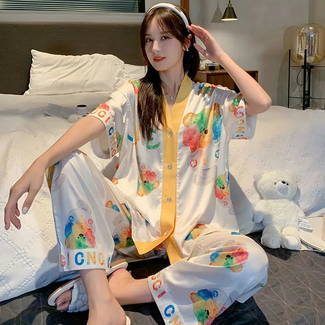 怀尔蔚 甜美卡通印花宽松休闲薄款透气短袖上衣松紧短裤长裤睡衣套装 女款 图片色